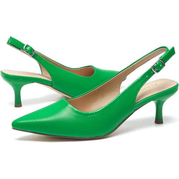 Amoji Women Green-pu Polyurethane Low Kitten Heel Slingback Pointed Toe Sandals - Picture 5 of 7
